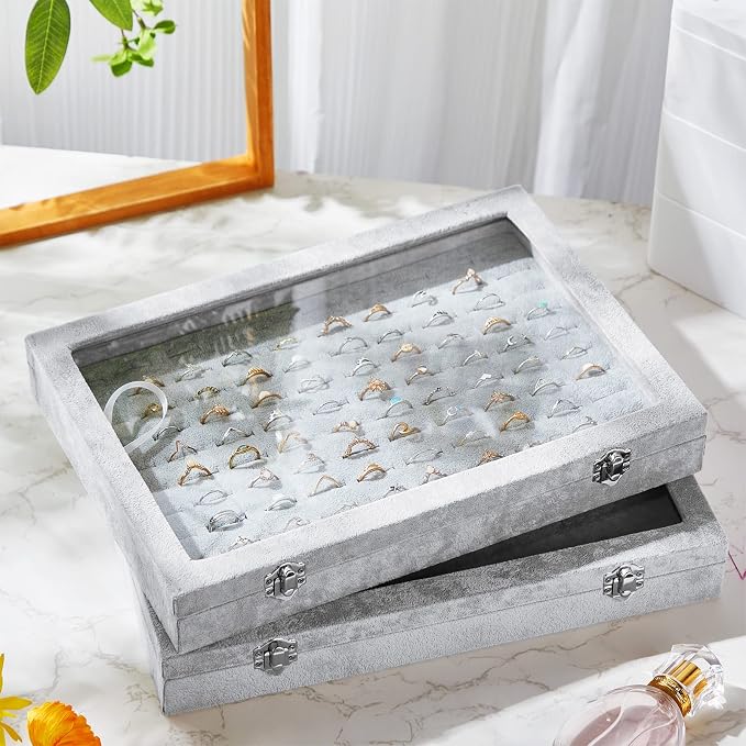 Yinkin 2 Pcs 100 Slots Ring Organizer Box with Transparent Glass Lid Necklace Display Tray Ring Case Velvet Jewelry Holder (Gray) - Image 5
