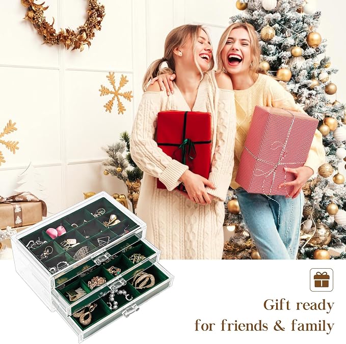 ProCase Earring Holder Organizer Jewelry Box with 3 Drawers, Acrylic Clear Earring Case with Adjustable Velvet Trays for Women - Emerald, 3 Layers - Image 7