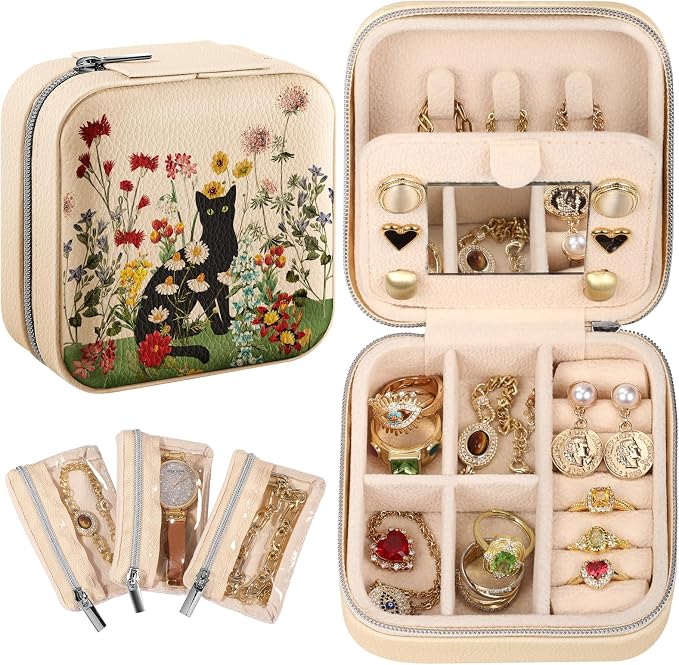 Bistup Travel Jewelry Case - Small Jewelry Organizers and Storage Box for Women Girls Teens Cute Traveling Jewelry Holder with Mirror Little Tiny Compact Modern Unique Aesthetic Pretty, Cat Flower by Bistup