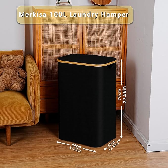 100L Laundry Hamper with Lid, Lagre Basket with Bamboo Handles,Foldable Clothes Hamper Tall Dirty Laundry Basket for Clothes Toys Towels Organizing,Black - Image 3