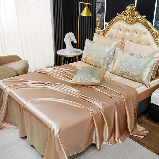 Gold Comforter Set with Taupe Sheet Set Jacquard Bedding Set 8 Pcs Vintage Neoclassical Floral Elegant Bed Home Decor Soft Comforter Luxury Hotel Silky Bed in a Bag Queen with 1 Cushion Cover