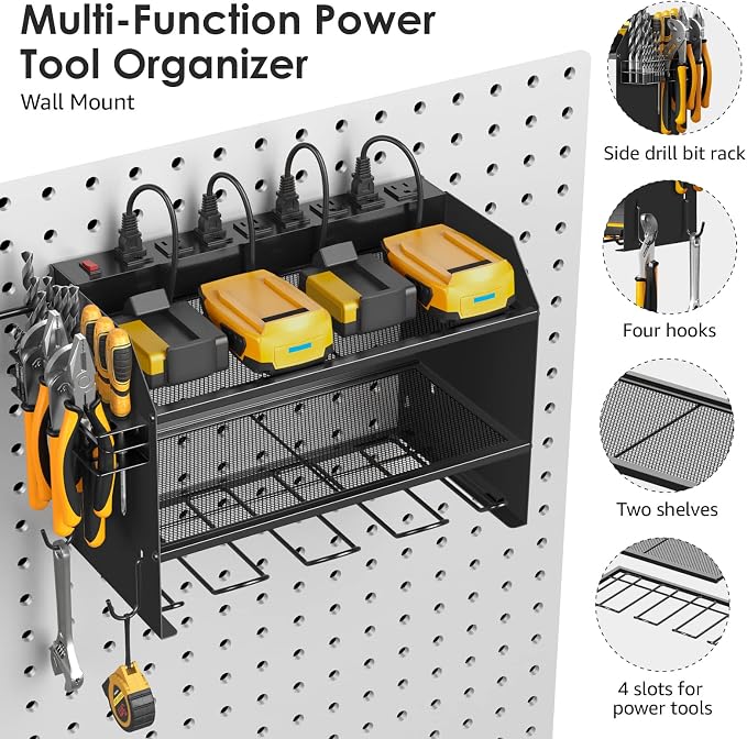 CCCEI Modular Power Tool Organizer Wall Mount with Charging Station. Garage Drill Storage Shelf with Hooks, Heavy Duty Rack, Tool Battery Holder Built in 8 Outlet. Gift for Men. Black, 2 Pack. - Image 6
