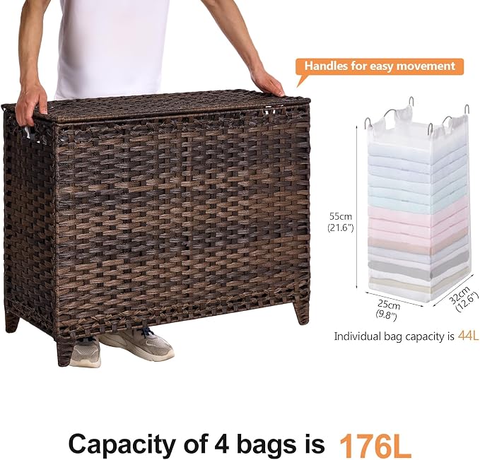 Laundry Hamper with 4 Removable Liner Bags; 176L Handwoven Rattan Laundry Basket with Lid & Heightened Feet; Clothes Hamper with Side Handles - Image 4