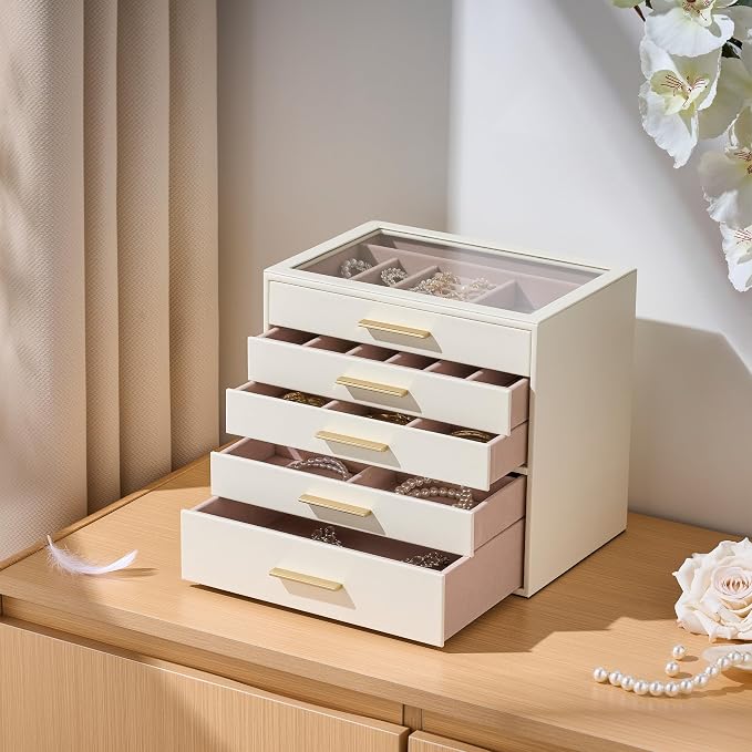 pickpiff Jewelry Box Organizer Case for Women: 5-Layer Jewelry Storage Case with Glass Window, Ivory Leather with Pink Velvet, Holder for Ring Necklace Bracelet Brooch Watch, Great Gift for Her - Image 3