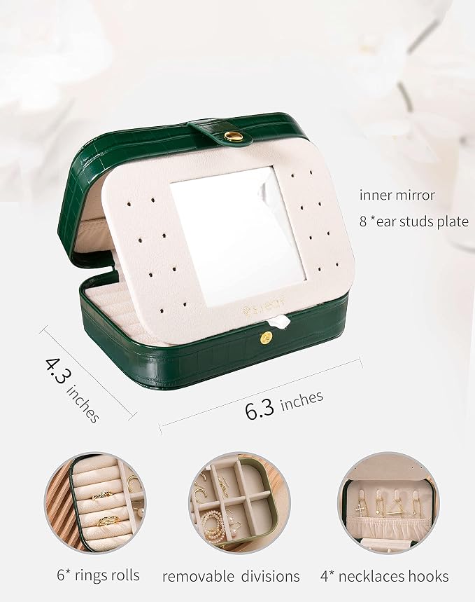 S.Leaf Travel Jewelry Organizer Boxes for Women Small Portable Necklace Earrings Bracelet Rings Travel Case Best Friend Birthday Gifts for Women Trendy (13_Crocodile_Emerald_Big) - Image 6