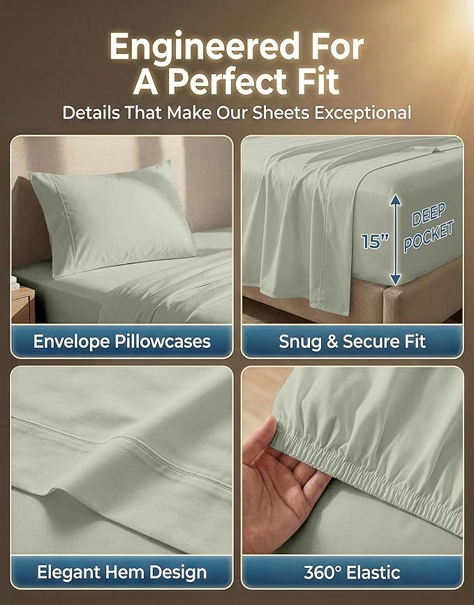 LANE LINEN Twin Sheets Set - 600 Thread Count Sateen Weave for Silky Feel On Skin - Extra Soft, 100% Cotton Sheets Set for Comfort - 15'' Deep Pocket for Snug Fit to Your Mattress - Mineral