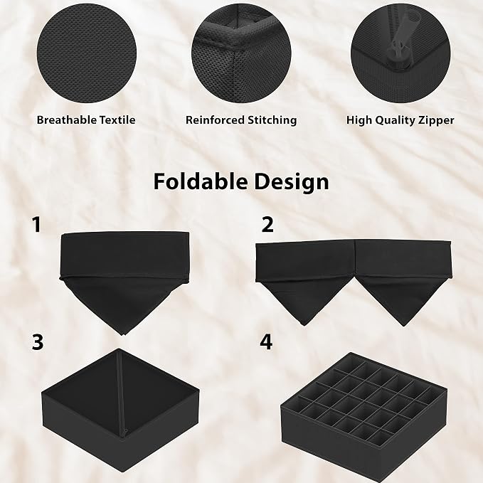 Simple Houseware 4-Pack Drawer Organizer Set - Closet Dividers for Underwear, Socks, Bras, Scarves, Ties - Foldable Non-Woven Storage Boxes, Dark Gray - Image 5