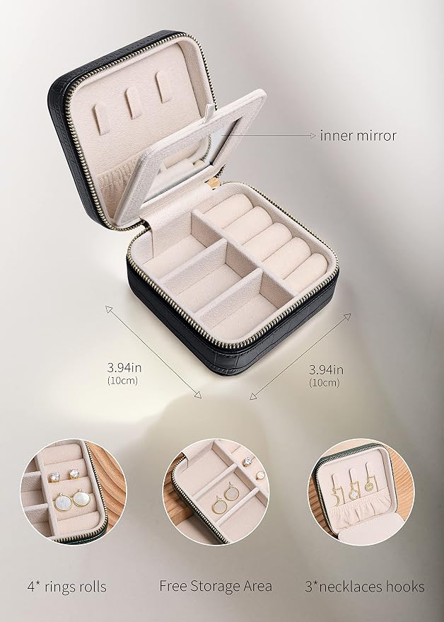 S.Leaf Travel Jewelry Organizer Boxes for Women Small Portable Necklace Earrings Bracelet Rings Travel Case Best Friend Birthday Gifts for Women Trendy (11_Pattern_Crocodile_Black_01) - Image 4