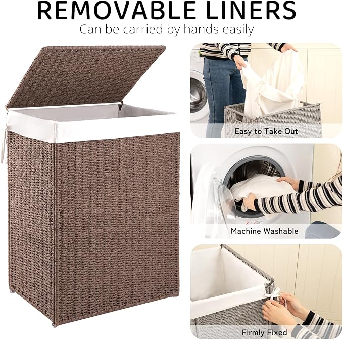 OIAHOMY Laundry Hamper with Lid, 90L(23.8 Gal) Large Wicker Laundry Basket for Bedroom, Handwoven Paper Rope Clothes Hamper with Washable Liner & Metal Frame, Decorative Organizer for Bathroom Brown - Image 3