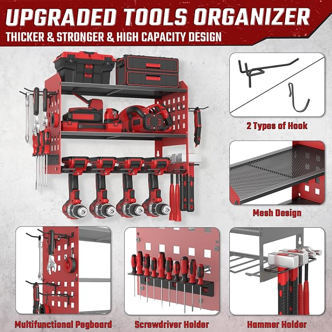 SUNALLY Power Tool Organizer, Heavy Duty Wall Mount Tool Organizer 3 Layers with 4 Drill Holders, Garage Tools Storage Rack with 2 Side Pegboards and Hooks for Workshop, Shed, Red - Image 5