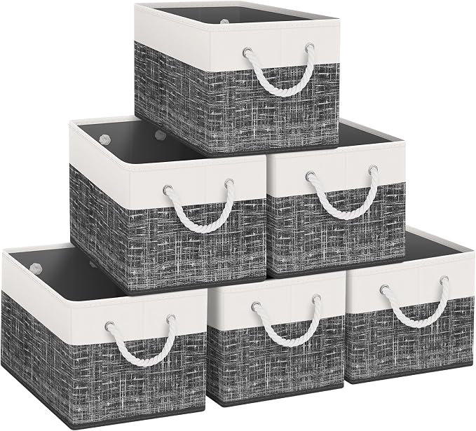 Fab totes Storage Bins [6-Pack], Foldable Storage Baskets for Organizing Toys, Books, Shelves, Closet, Large Storage Box with Rope Handles, Sturdy Organizer Bins, White & Black by Fabtotes