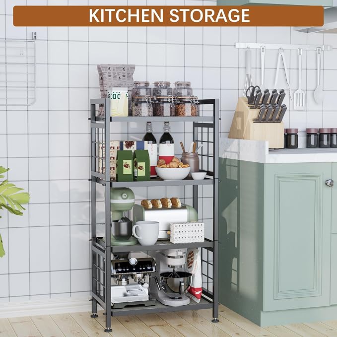 GIOTORENT 4-Tier Pantry Shelves with Wooden Boards, Heavy Duty Storage Shelves & Book Shelf, Adjustable Metal Shelving Unit for Kitchen Bathroom Laundry Organizer, Sturdy Rust-Resistant, Black - Image 2