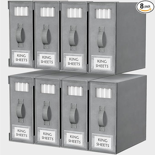 Criusia Bed Sheet Organizers and Storage, 8 Pack Foldable Linen Closet Organizer Box – Bedding Holder for Sheet Set (King/Queen Sizes), Duvet Covers, Blankets (Grey) by Criusia
