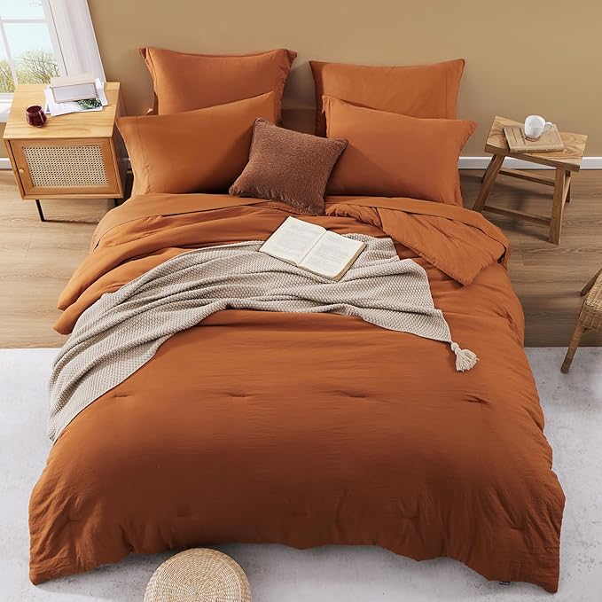 WRENSONGE Oversized Queen Comforter Set - 7 Pieces Burnt Orange Bed in a Bag Queen with Sheets, 2 Pillow Shams, and 2 Pillowcases- Warm Bedding Sets Queen for All Season