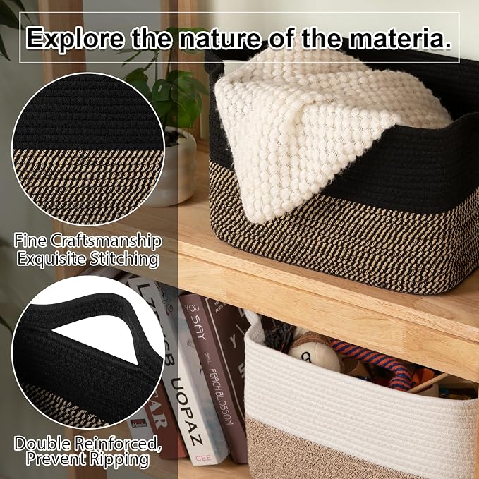 OIAHOMY Woven Storage Basket for Shelves, Rectangle Cotton Rope Baskets for Organizing, 16 x 12 x 10 in, Storage Bins for Dog Toys,Towel,Books,Gift,Black and Brown - Image 5