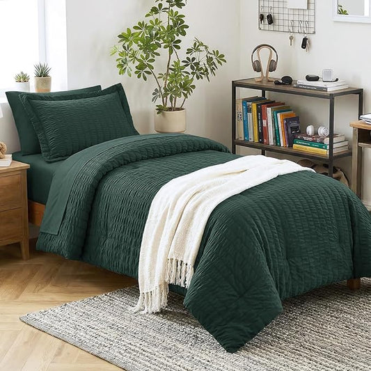 CozyLux Twin Comforter Set with Sheets 5 Pieces, Forest Green Seersucker Textured Bed in a Bag, Luxury Soft Bedding Sets with Down Alternative Comforter, Sheets, Pillowcase & Sham for All Seasons