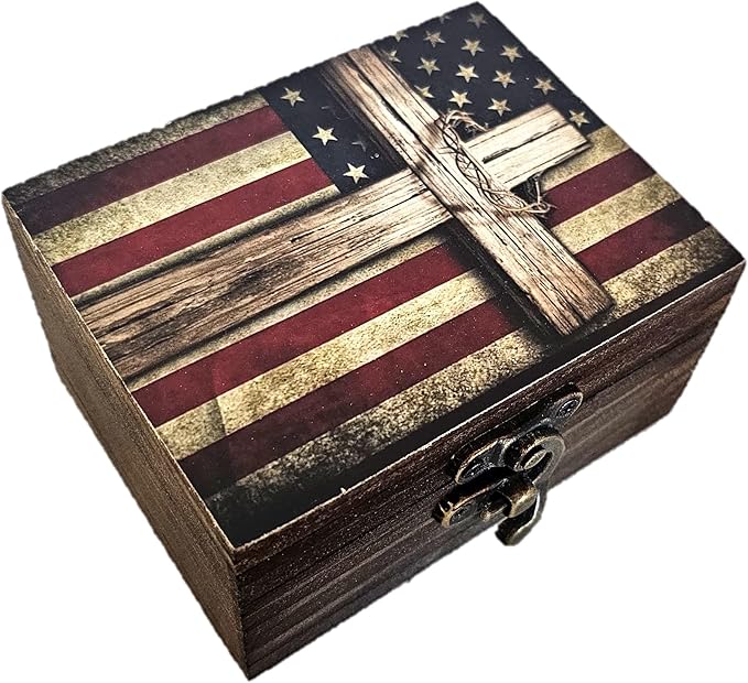 Patriotic Cross American Flag Trinket Box Rosary Jewelry Keepsake Box | US Flag Treasure Box, Patriot Gifts for Men Women Girls Gift Idea, Prayer, First Communion Box, Gifts for Home Décor (3USS) by RK+Collections