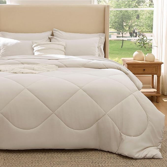 Bedsure 7 Pieces King Comforter Set Premium Series, Hotel Luxury Soft Bed in a Bag, Goose Down Alternative, Safe for Sensitive Skin Bedding Comforter All Season Medium Warmth, Beige Wavy Quilted