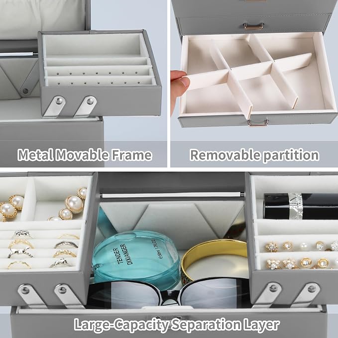 Dajasan Jewelry Organizer Box, Large Jewelry Boxes for Women Girls, Space-Saving 4 Layers Jewelry Storage Case with Drawer, Movable Metal Stand, Modern, Gift Idea (Grey) - Image 5