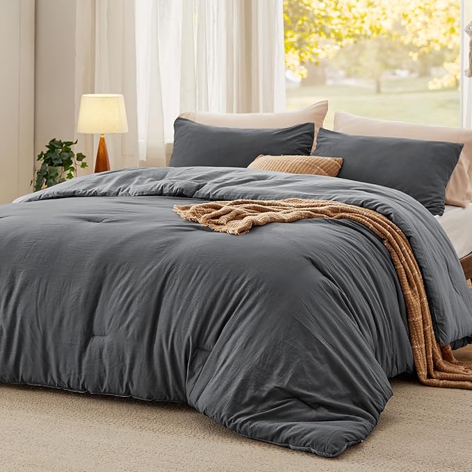 Bedsure California King Comforter Set, Dark Gray Soft Prewashed Bedding for All Seasons, 3 Pieces GentleSoft™ Bed Set, 1 Lightweight Comforter (104"x96") and 2 Pillowcases (20"x36")