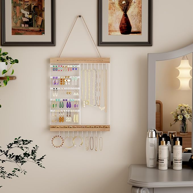 Feyejade Hanging Jewelry Organizer and Storage, 5-Tier White Earring Necklace Holder Jewelry Display Organizer Stand Rack, Wall Mounted for Earrings Necklaces Bracelets and Rings, White - Image 7