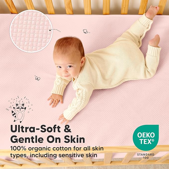 2-Pack Waterproof Crib Mattress Protector Cover Fitted - Quiet Baby Crib Mattress Pad Sheets, 52" x 28" Soft Quilted Cotton Baby Sheet, Machine Washable, Easy Fit, Durable (Mist Rose/Quin)