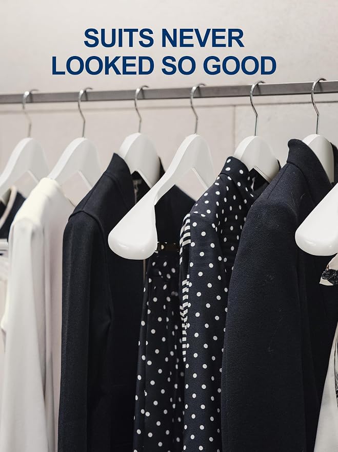 HOUSE DAY High-Grade Solid Wood Coat Hangers for Women, Wide Shoulder Wooden Hangers, Suit Hangers with Non Slip Pants Bar, Smooth Finish 360° Swivel Hook for Dress, Heavy Clothes Hangers 6 Pack White - Image 7