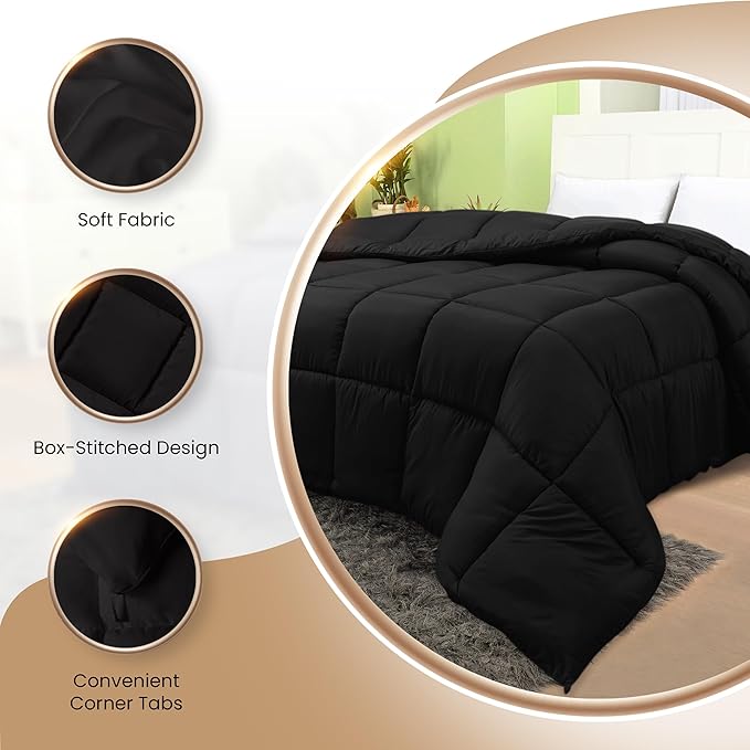 Utopia Bedding Comforters Queen Size, All Season Duvet Insert, Down Alternative Box Stitched Bed Comforter with Corner Tabs, Machine Washable (Black)