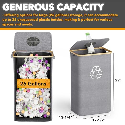 SpaceAid Recycling Bin for Kitchen 26 Gallon, 100L Recycle Bin with Lid and 2 Reusable Inner Bags, for Bottle Can Glass Plastic Stickers, Grey - Image 4