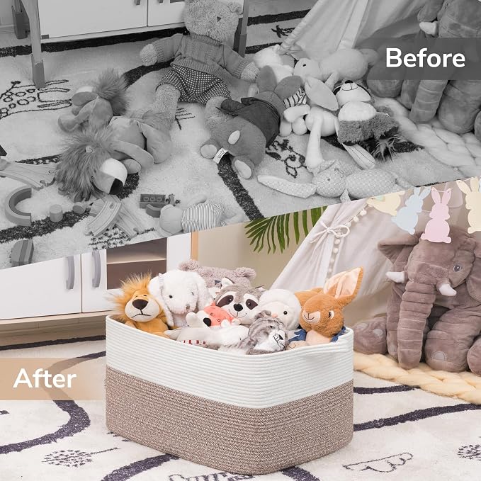 Goodpick Large Blanket Basket 22" x 17" x 12" Woven Storage Baskets for Organizing, Rectangle Cotton Rope Basket for Living Room Bedroom, Toy Baskets Storage Kids, White & Brown - Image 7