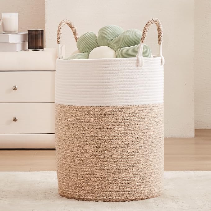 60L Laundry Hamper Basket Tall Woven Cotton Rope Clothes Hamper for Baby Girls Nursery Kids Blanket Basket in Living Room Bathroom Bedroom Brown 15Dx20H Inches Large by MOJOSCEND