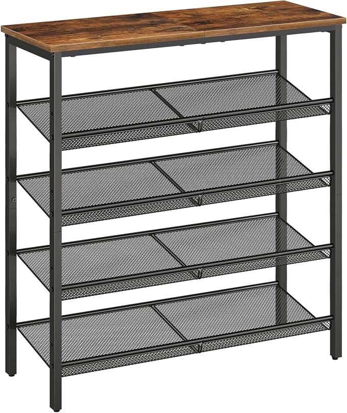 HOOBRO Shoe Rack for Entryway, 5-Tier Shoe Organizer with Adjustable Mesh Shelves, 16-20 Pairs of Shoes, Spacious Floor Mount, Metal, Industrial, Shoe Shelf for Closet, Rustic Brown BF12XJ01 by HOOBRO