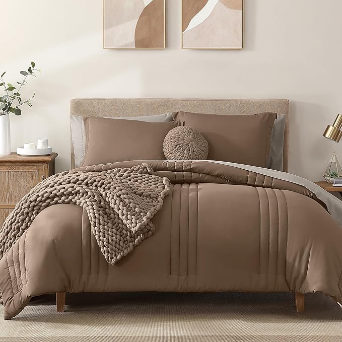Monbix Full Comforter Set - 7 Pieces Umber Bed in a Bag Full Size Bedding Sets with Comforters, All Seasons Comforter with Sheets, Pillowcases & Shams