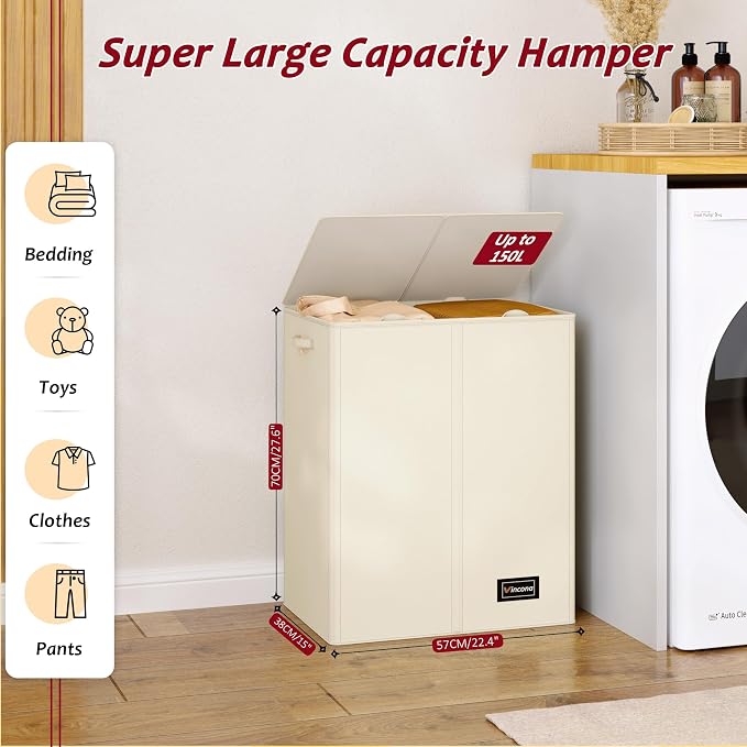 150L Laundry Hamper 2 Section, Large Laundry Hamper with Lid, Dirty Clothes Hamper with 2 Removable Inner Bags, Collapsible Laundry Basket Organizer for for Clothes Toys Towels, Hamper 2 Compartment - Image 2