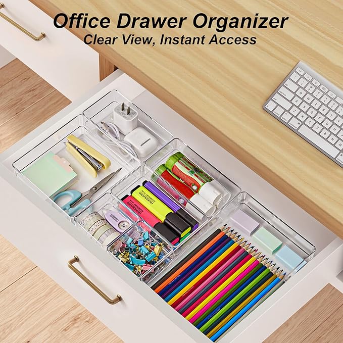 SMARTAKE 7-Piece Drawer Organizer with Non-Slip Silicone Pads, 4-Size Desk Drawer Organizer Trays Storage Tray for Makeup, Jewelries, Utensils in Bedroom Dresser, Office and Kitchen (Clear) - Image 4