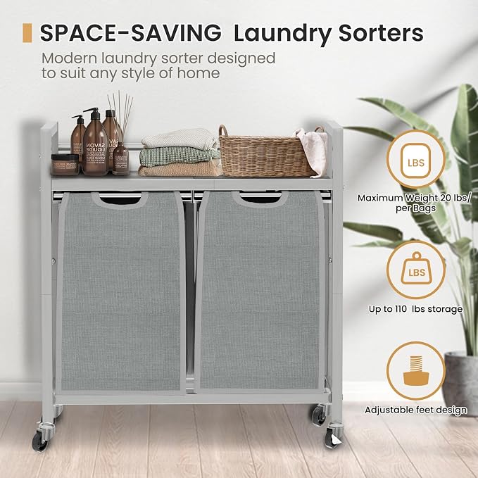 SwaaVee Laundry Hamper, Laundry Basket, Laundry Sorter with 3 Removable Bags, Clothes Basket with 3 Compartments, Wheels, Shelf for Laundry Room Bathroom Bedroom (2 Bags-Gray) - Image 7