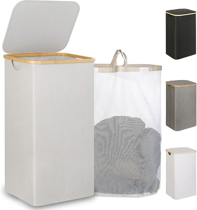 iEGrow 110L Laundry Basket with Lid, Laundry Hamper with Bamboo Handle,Clothes Basket Organizer with Removable Inner Bag for Clothes Toys Towels,Light Grey by iEGrow