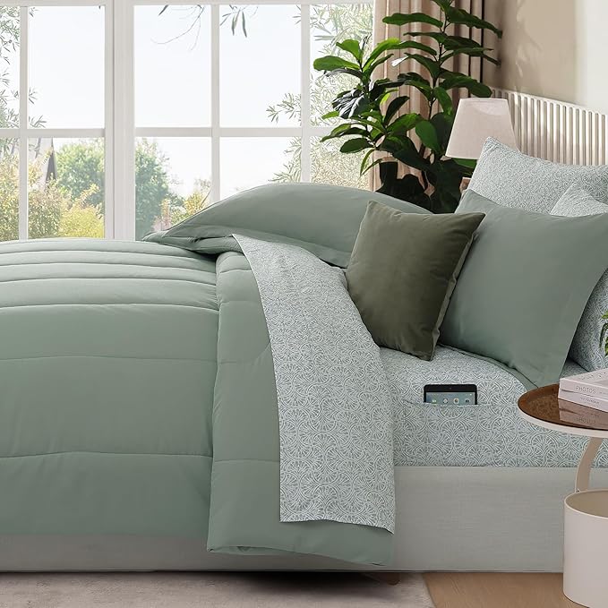 Monbix Queen Comforter Set - 7 Pieces Sage Green Bed in a Bag Queen Track Stitching Bedding Sets, All Seasons Comforter Bed Set with Sheets, Pillowcases & Shams