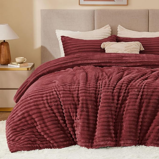 BEDELITE Fleece King Comforter Set -Super Soft & Warm Fluffy Burgundy Bedding, Luxury Fuzzy Heavy Bed Set for Winter with 2 Pillow Cases