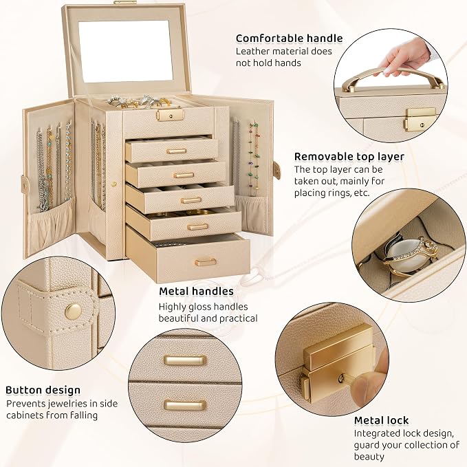 AKOZLIN 6-Tier Jewelry Box Lockable Leather Jewelry Storage Case with 5 Drawers for Women Girls Ring Necklace Earring Bracelet Holder Organizer with Mirror - Image 4