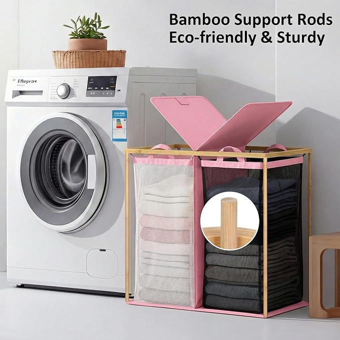 efluky Laundry Hamper with Lid, Double Laundry Hamper with 2 Removable Bags, 2 Section Laundry Basket with Bamboo Handles for Bathroom, Bedroom & Laundry Room (Pink, 140L Dual) - Image 2