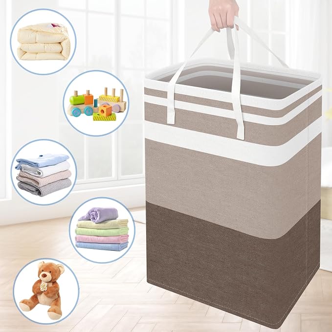 BlissTotes 3-Pack Laundry Basket, Freestanding＆Waterproof Laundry Hamper, Collapsible Tall Clothes Hamper with Easy Carry Handles for Clothes, Towels in the Family and Dorm,Gradient Khaki,100L - Image 7