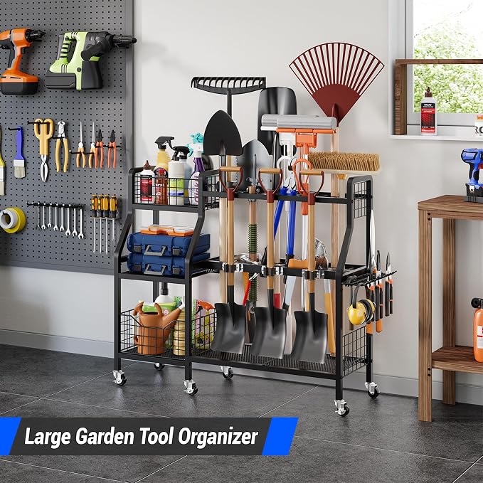 keomaisyto Garden Tool Organizer with 6 Wheels(3 lockable), Heavy Duty Yard Tool organizer with 2 Basket, Large Metal Garage Tool Organization and Storage for Garage/Shed/Yard/Broom Closet/Lawn - Image 3