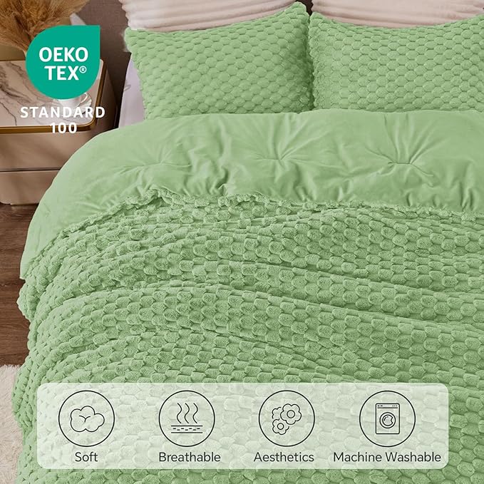 BEDELITE Fluffy Twin Comforter Set - Grass Green Fleece Soft Comforter for Twin Size Bed, Luxury Warm Bedding Set for Winter, Fuzzy Bed Set 2 Pieces (1 Comforter, 1 Pillowcase)