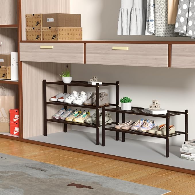 ROMGUAR CRAFT 3 Tier Bamboo Shoe Rack for Closet Free Standing Wood Shoe Shelf for Entryway Small Space Stackable 27"x11"x20" (Brown) - Image 4