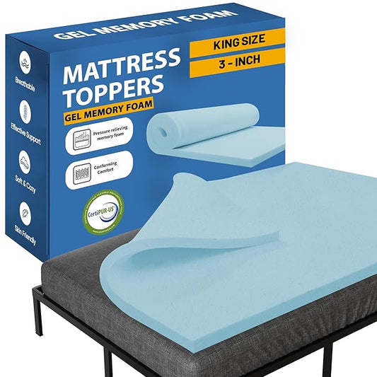 Greaton, 3-Inch Gel Memory Foam Mattress Topper, CertiPUR-US Certified for Superior Comfort and Support, King, Blue