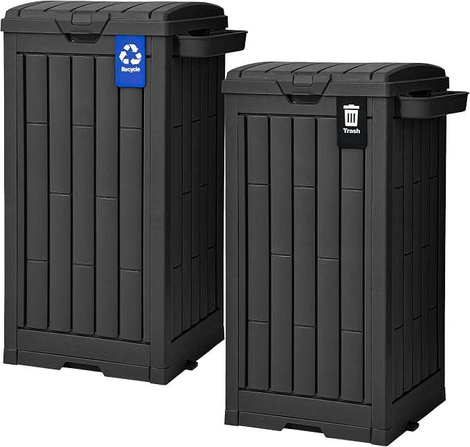 DWVO 38 Gallon Outdoor Trash Can, Set of 2 Resin Garbage Bins with Lids, Includes 2 Sorting Labels, Ash Holder, Stakes & Suction Cups, Hideaway Storage for Patio Backyard Garden, Black by DWVO