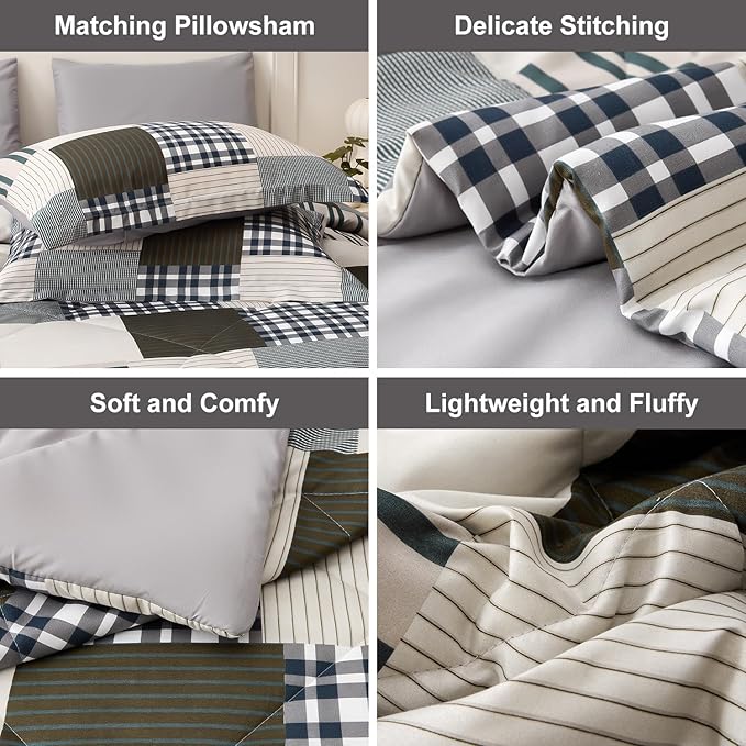 Comforter Set King Size Plaid Patchwork Comforter Bedding-7 Piece Bed in a Bag,Soft Fluffy Reversible Microfiber Bedding Set(1 Comforter,1 Flat Sheet,1 Fitted Sheet,2 Pillowcases,2 Pillow Shams)