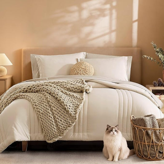Monbix Super King Plus Size Comforter Set - 7 Pieces Apricot Beige Bed in a Bag Super King Plus Bedding Sets with Comforters, All Seasons Comforter Bed Set with Sheets,Pillowcases & Shams