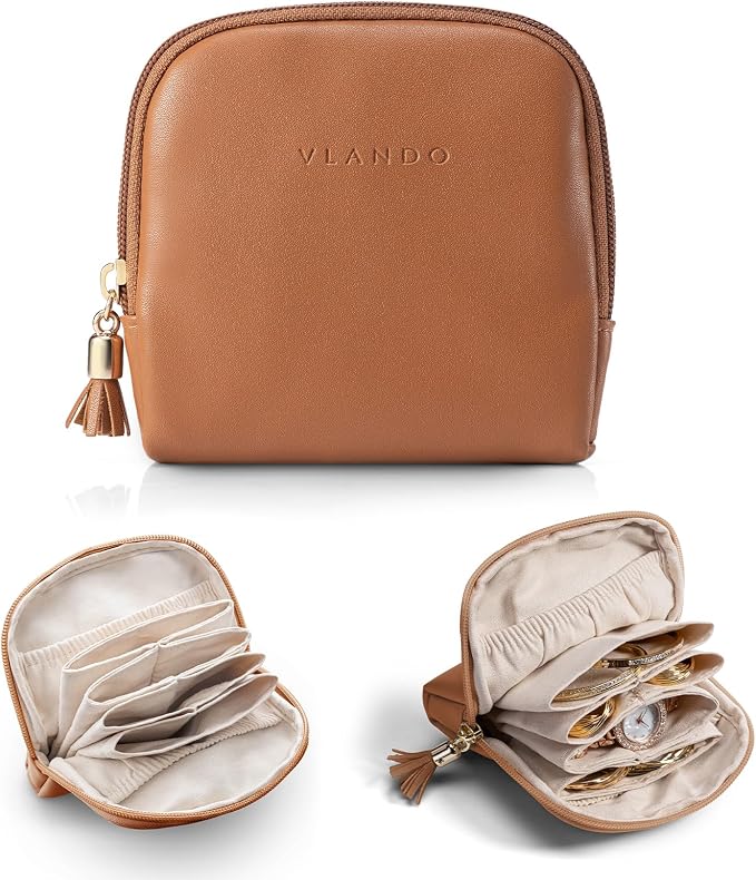 VLANDO Small Travel Jewelry Case,Jewelry Pouch Bags with Zipper,Velvet Jewelry Organizer Storage Bag for Bracelet Rings Earring-Brown by VLANDO